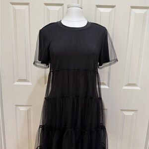 Alice + Olivia Black Mesh Tiered Midi Dress